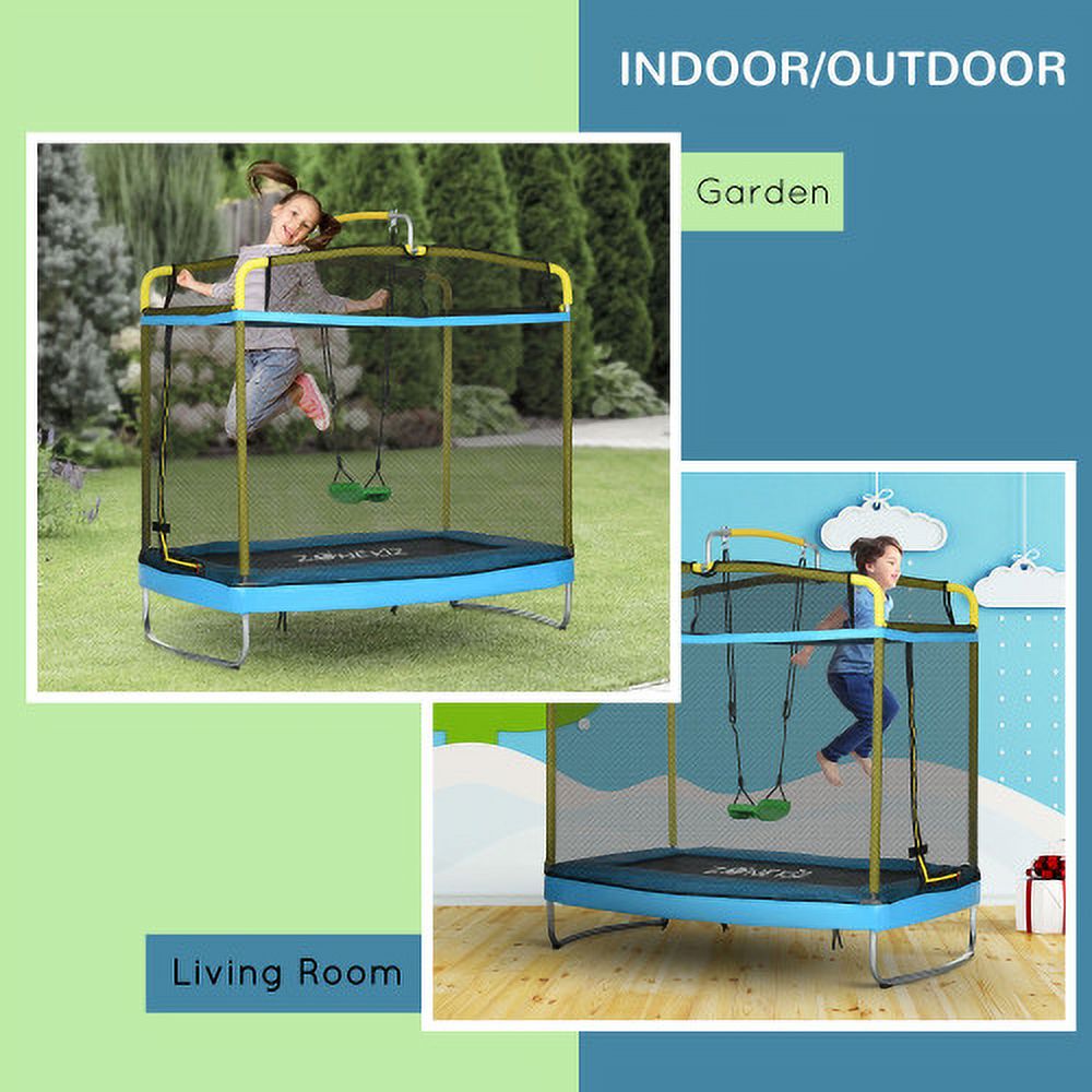 Qaba 3-in-1 Trampoline for Kids, 6.9' Kids Trampoline with Enclosure, Swing, Gymnastics Bar, Toddler Trampoline for Outdoor/Indoor Use, Light Blue