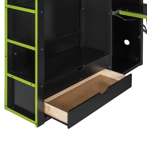 Modern Full Size Gaming Loft Bed with Built-in Desk and Storage Wardrobe, Wood Loft Bed Frame with Light Strip and 2 Drawers