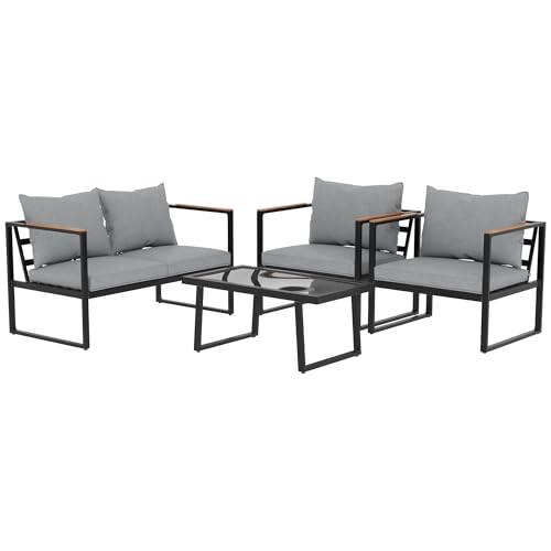EAST OAK Courtyard Patio Furniture Set, 4-Piece Outdoor Patio Set with Sofa, Removable & Washable Deep Seating Cushion, Tempered Glass Table