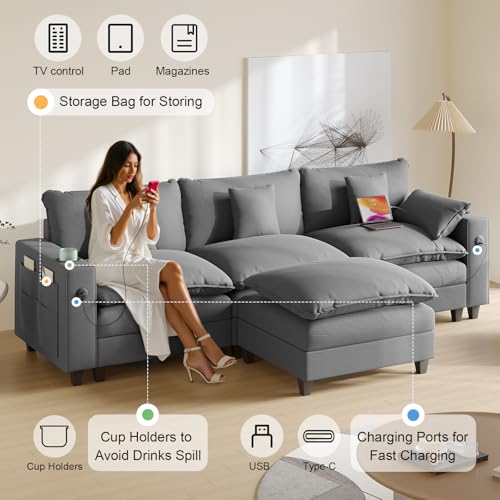 Modular Sectional Sofa, Cloud Couch with Ottoman, Charging Station, Throw Pillows, Cup Holders, Modern Convertible U Shaped Couches for Living Room
