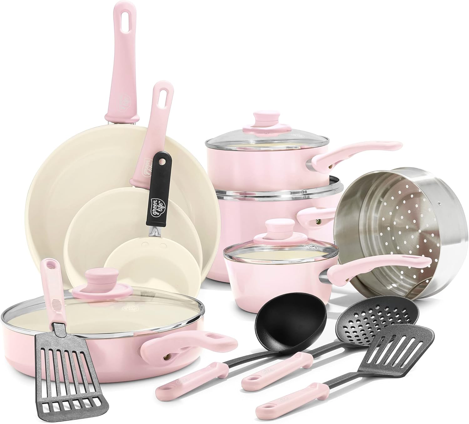 GreenLife Soft Grip Healthy Ceramic Nonstick, 16 Piece Cookware Pots and Pans Set, PFAS-Free, Dishwasher Safe