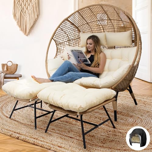 NICESOUL® Double Egg Chair Indoor Outdoor Stationary Oversized Thicken Padded Cushions, 2 Person Egg Loveseat Chair
