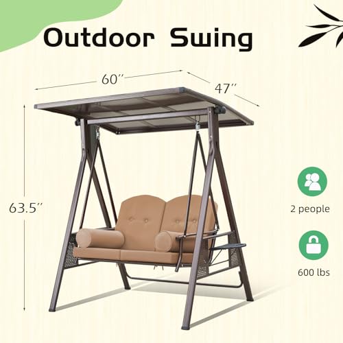YOLENY Oversized Outdoor Porch Swing with Hardtop, 3 Seat Patio Swing with 2 Side Cup Holder, 3-in-1 Convertible Backrest Swing Bed with Cushion