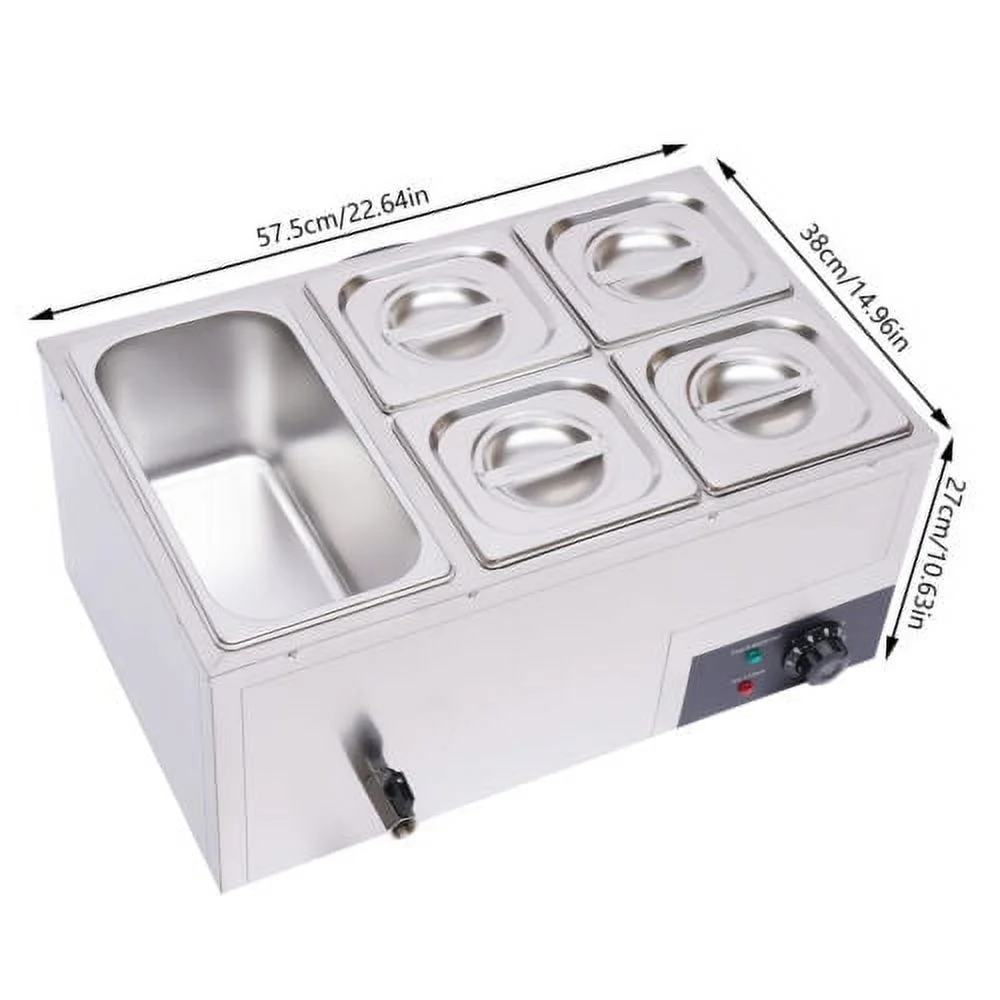 600W Electric Food Warmer Large Capacity Stainless Steel Food Warmer w/ 5 Pans