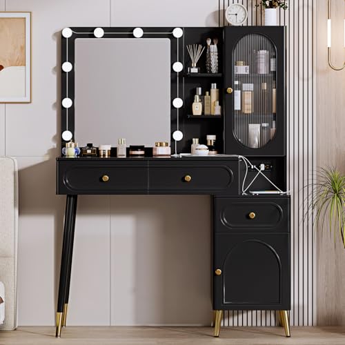 Vanity Desk with Mirror and Lights, with Power Outlet and 10 Lights Modern Capacity Makeup Vanity with 3 Drawers, Makeup Table for Bedroom