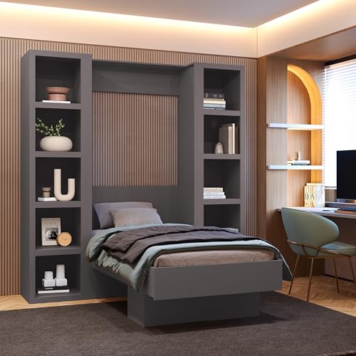 Oakland Living Easy-Lift Queen Murphy Wall Bed in Brown Wood Grain with Two Bookshelves