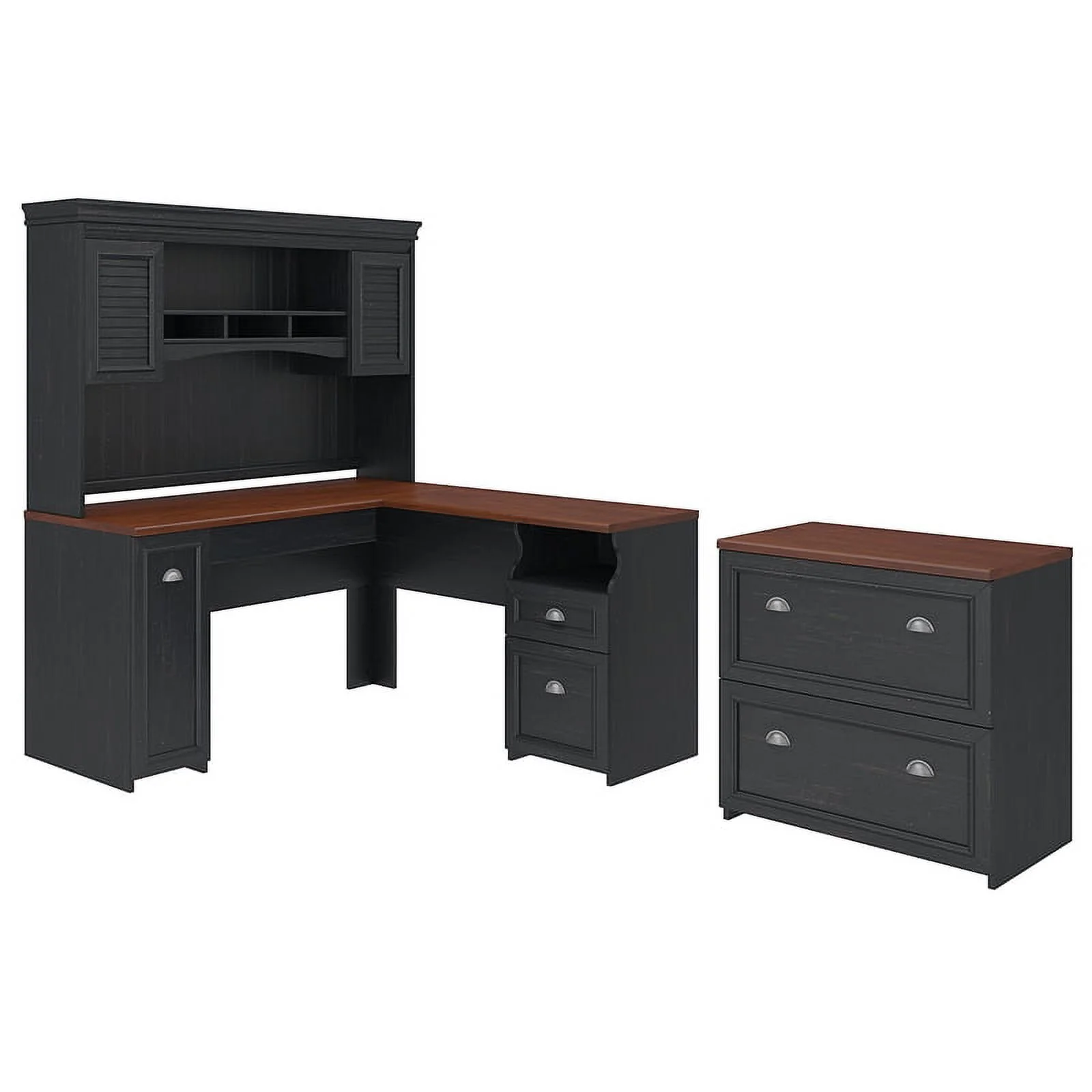Scranton & Co Furniture Fairview L Desk with Hutch & File Cabinet in Black