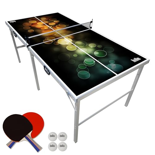PartyLife 6 ft x 3 ft Ping Pong Table Tennis Table | Mid-Size Portable Folding Indoor Outdoor Ping Pong Table Tennis Table w/Optional LED Lights |