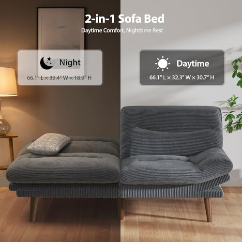 Pipishell Convertible Futon Sofa Bed,66" Corduroy Futon Couch with Adjustable Backrest and Armrests, Recliner Sleeper Sofa for Small Spaces