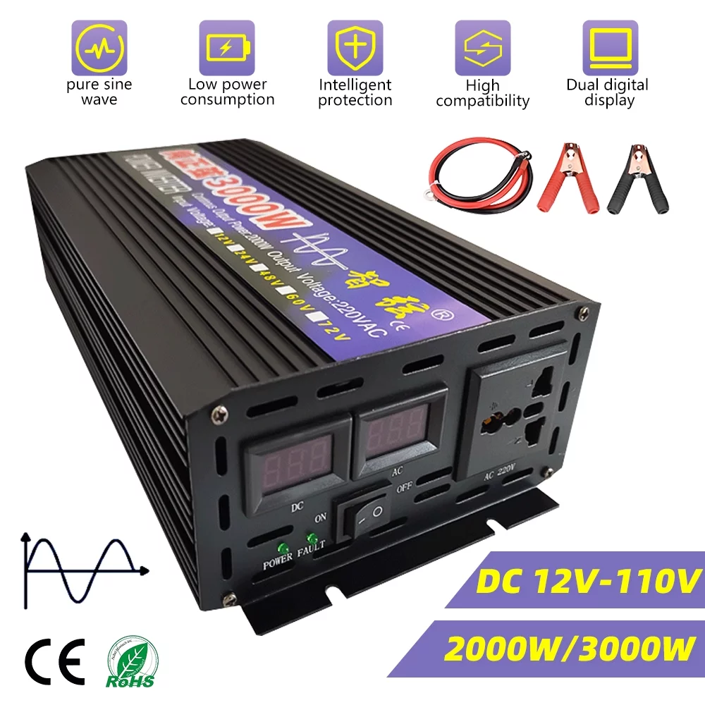 MDHAND 2000 Watts Pure Sine Wave Power Inverter DC 12V to AC 110V Car Converter Charger Adapter USB with LED Display for Car RV Boat Solar Power