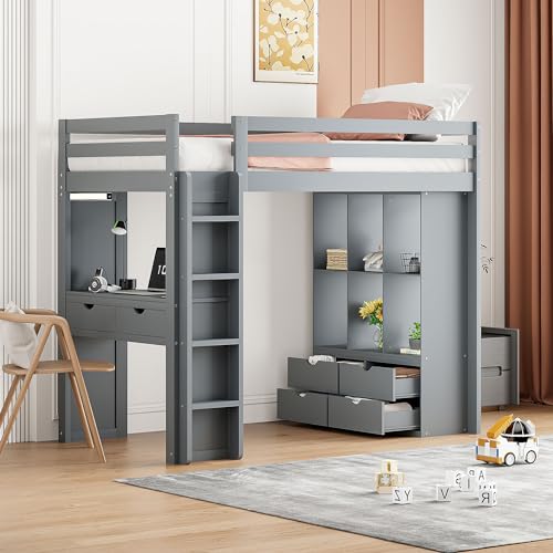 Full Size Loft Bed with Desk & Wardrobe, Solid Wood Kids Loft Bedframe w/3 Storage Drawers & 2 Shelves, Maximum Space Design, for Bedroom, Dorm, Gray