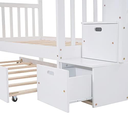 Ball & Cast Twin-Over-Twin Bunk Bed with Twin-Size Trundle and 3 Storage Stairs,Wood Bunkbed w/Full-Length Guardrails,Slat Support
