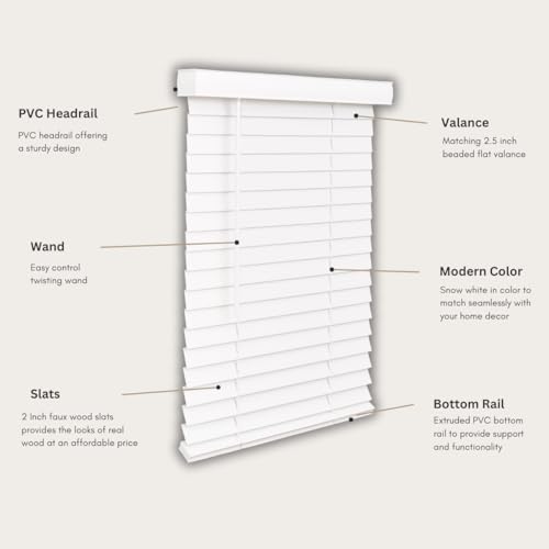 LOTUS & WINDOWARE Cordless Faux Wood Blinds, 70" Wide x 72" Long, Smooth, Snow White, 2 Inch Horizontal blinds – for Living Room, Bedroom