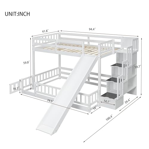 Twin Over Full Bunk Bed - Modern Wooden Floor Bunk Bed with Slide, Storage Staircase & Safety Fence Guardrails