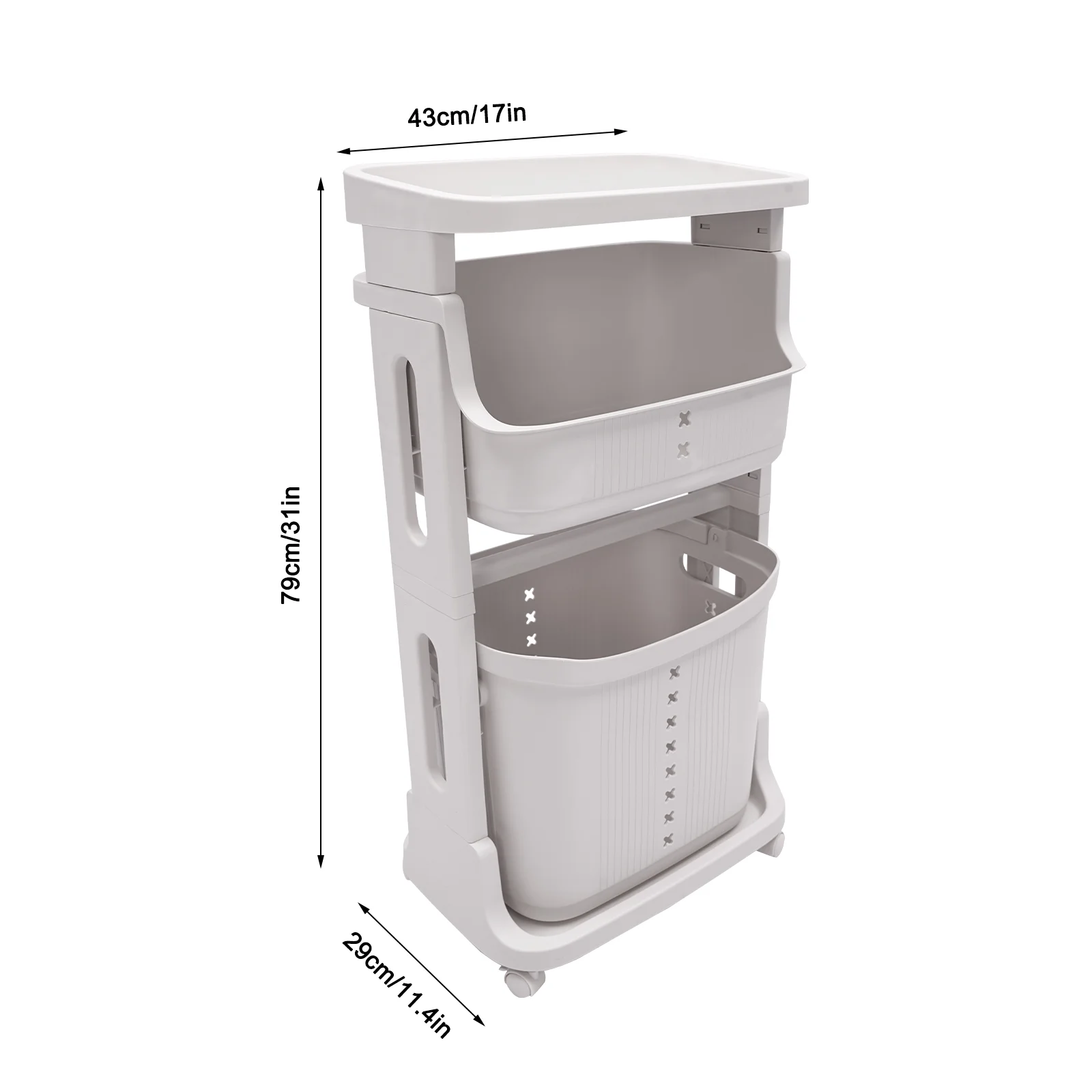 3-Tier Portable Laundry Basket Laundry Hamper Freestanding Rolling Storage Cart W/4 Universal Wheels Dirty Clothes Storage Basket White Organizer
