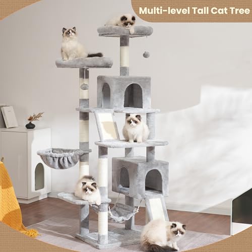 Cat Tree for Indoor Cats, 71'' (180cm) Multi-Level Cat Tower for Large Adult, Sturdy Cat Tree House with 2 Scratching Boards 7 Posts