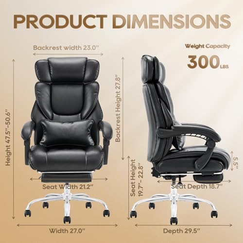 COLAMY Big and Tall Office Chair 500lbs-Heavy Duty Leather Computer Executive Desk Chair with Wide Seat, Adjustable headrest, Lumbar Support-Black