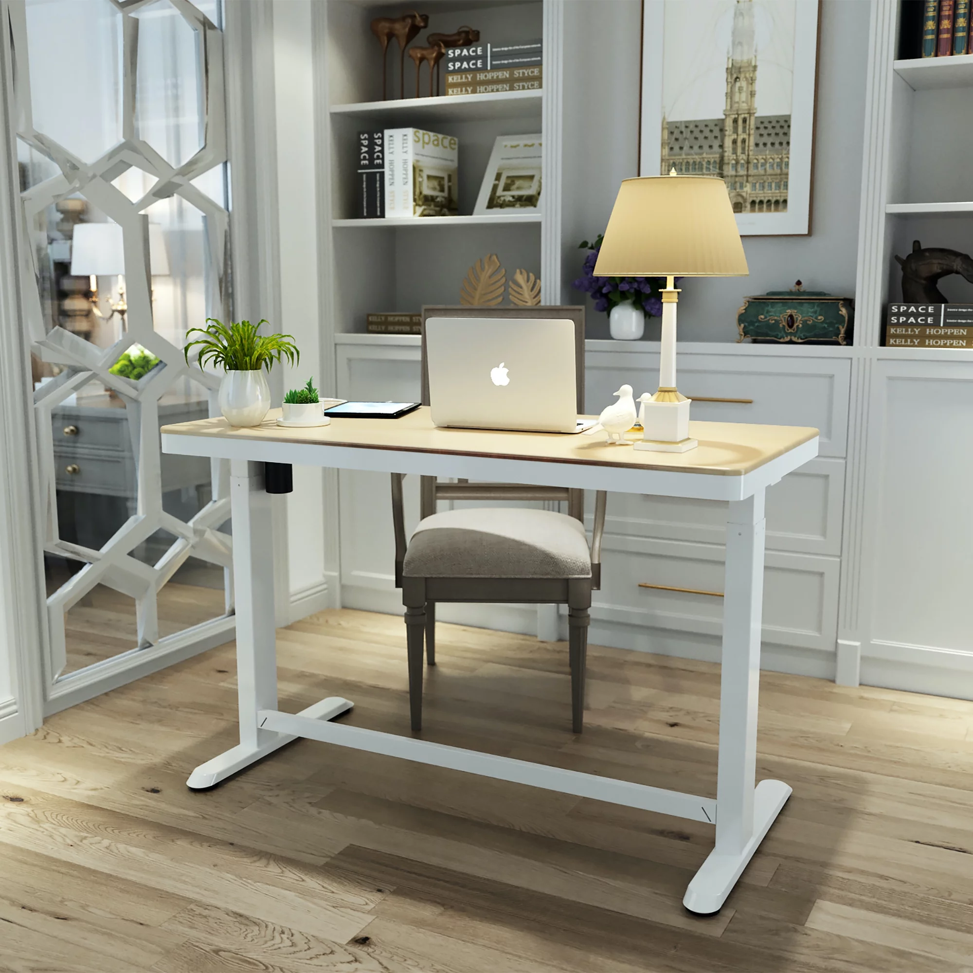 Koble Juno 48" Electric Height-Adjustable Desk with White Frame and Light Wood Foil Top