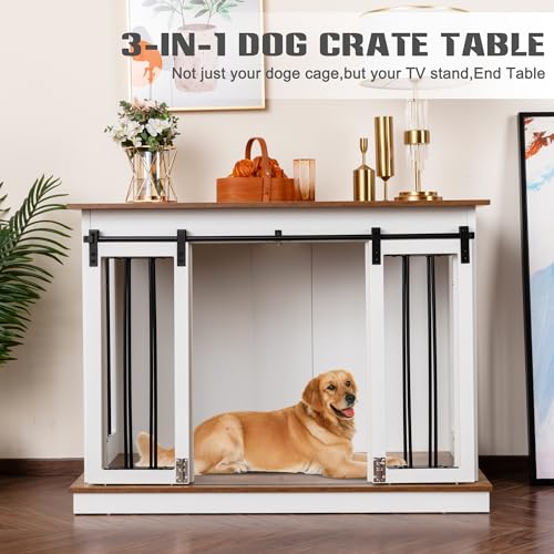 Sunseen Dog Crate Furniture Large Breed Wooden Dog Kennel with Room Divider & 3 Drawer