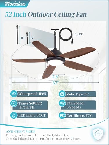 42 Inch Waterproof Outdoor Ceiling Fan with Lights and Remote,IP65 Hanging Gazebo Fan with 3CCT 6-Speed DC Motor