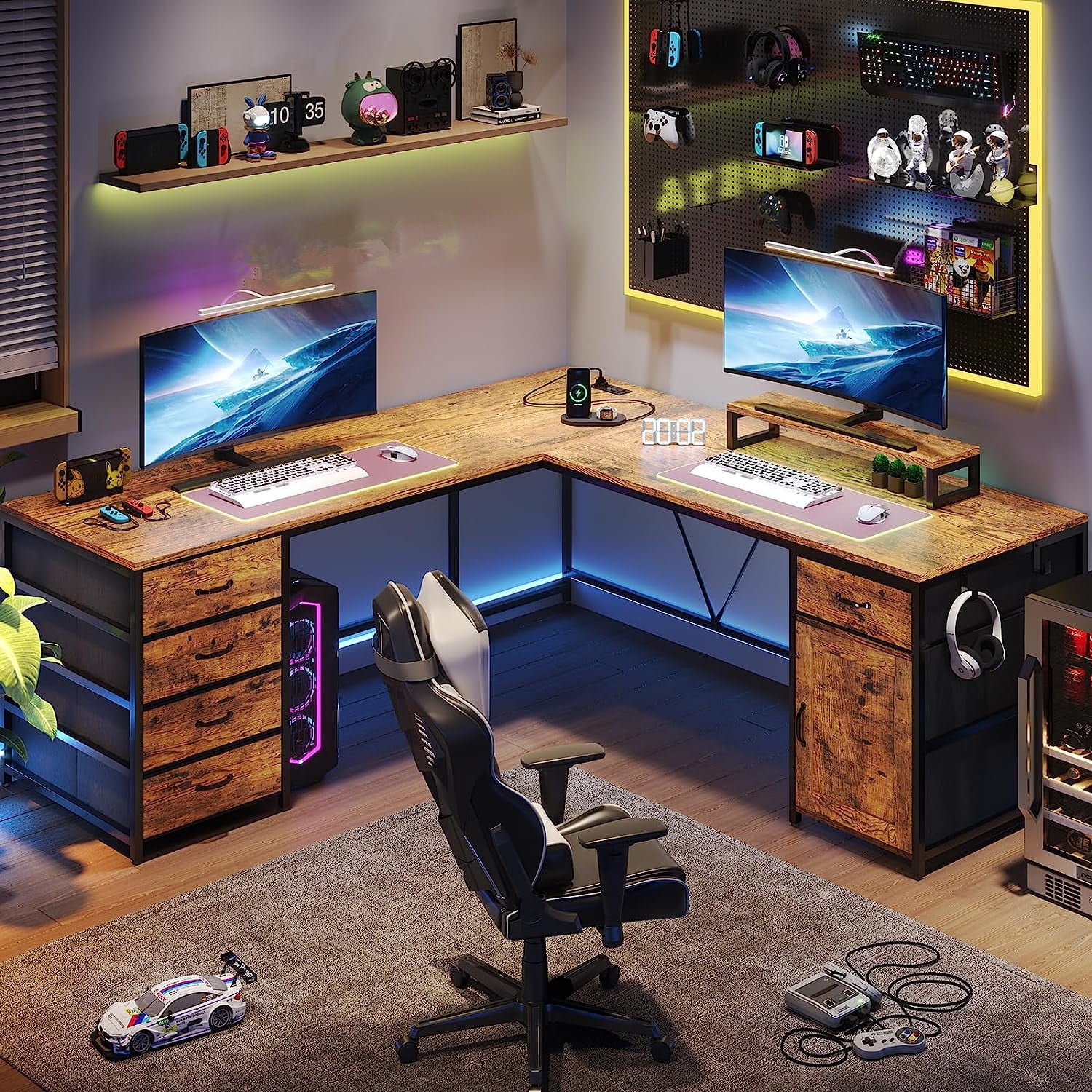 New Computer Desk L Shaped Desk, 63" Home Office Desk with 5 Drawer & Power Outlet, Corner Desk with Monitor Shelf & Storage Cabinet, Rustic Brown