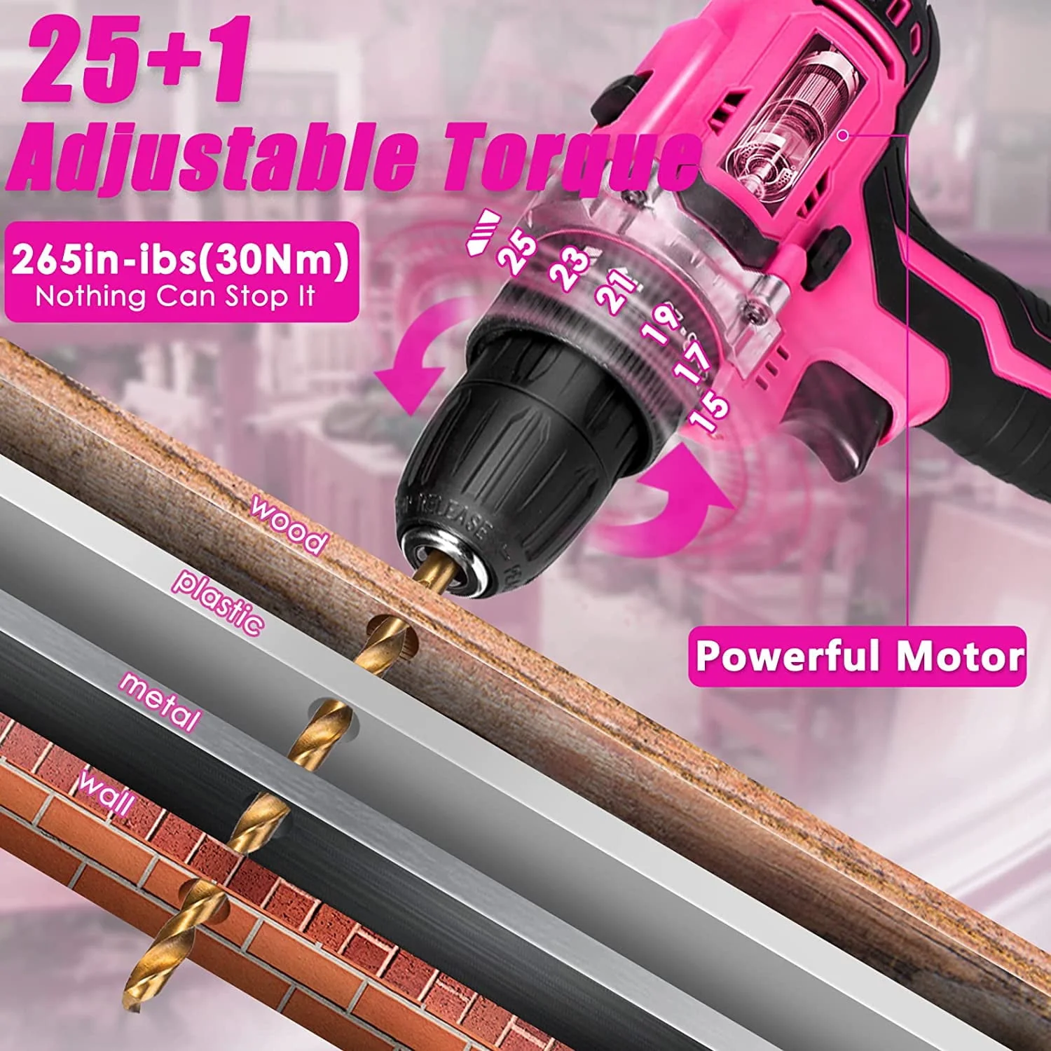 ThinkLearn Pink Tool Kit with 20V Cordless Drill(265in-lbs), Pink Drill Set for Women,Lady's Home Tool Kit for DIY
