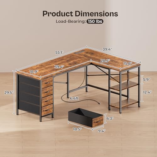 Huuger 63 Inch L Shaped Desk with Fabric Drawers, Reversible Computer Gaming Desk with Power Outlets and USB-C Port, Adjustable Side Storage Shelves