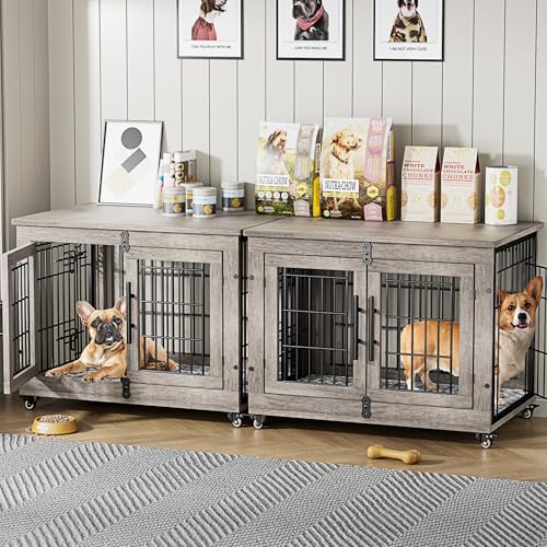 Lulive Dog Crate Furniture for Medium Dogs, 32'' Dog Kennel Indoor with Cushion & Wheels Wooden Dog Cage Double Doors Dog Crate End Table, Grey