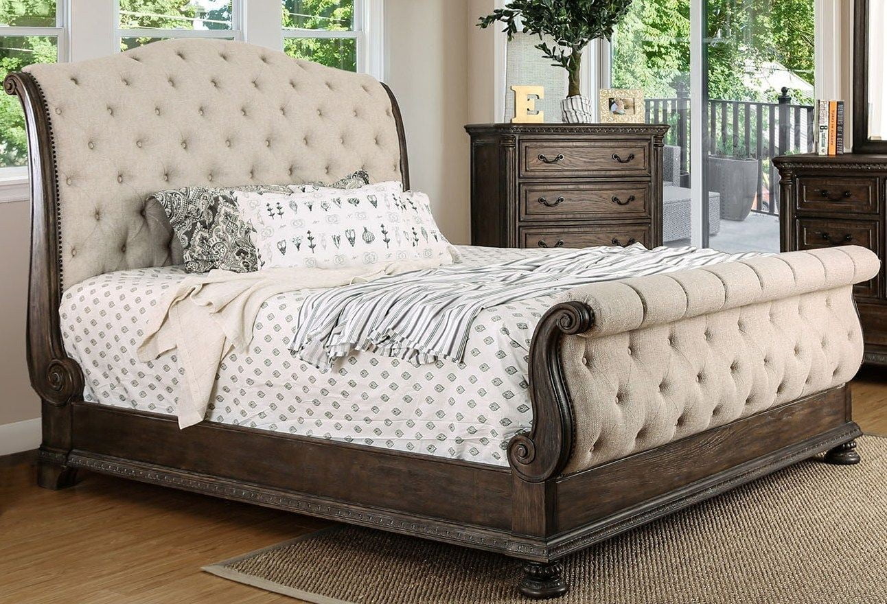 Luxury Stylish Traditional Intricate Wood Carving Rustric Natural Tone Finish Queen Size Sleigh Bed Dresser Mirror Nightstand 4pc Set Tufted Fabric