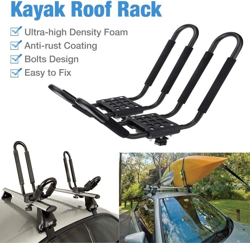 uyoyous 2 Pairs Universal Kayak Canoe Top Mount Carrier Roof Rack 150lbs Top Mount J-Bar Canoe Carrier Canoe Boat Surf Ski Roof Bracket Folding