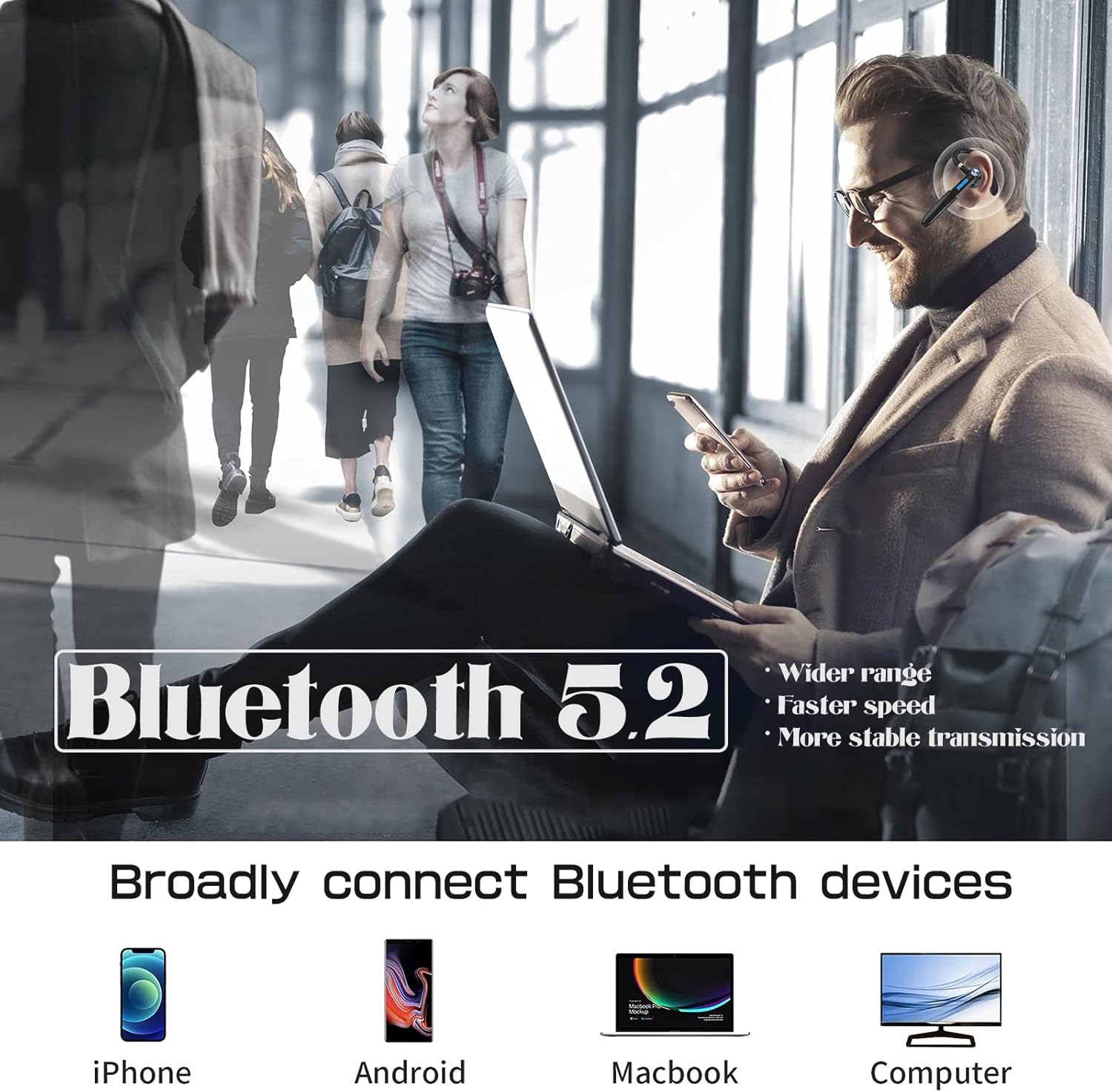 Headphones Bluetooth Wireless Bluetooth Headphones with mic Cell Phone Noise Canceling earpiece Hands-Free Headset