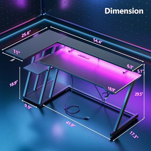 55 Inch Gaming Desk with Power Outlet & LED Lights, L Shaped Gamer Computer Table with Storage Shelves for Bedroom, Corner Home Office Desk