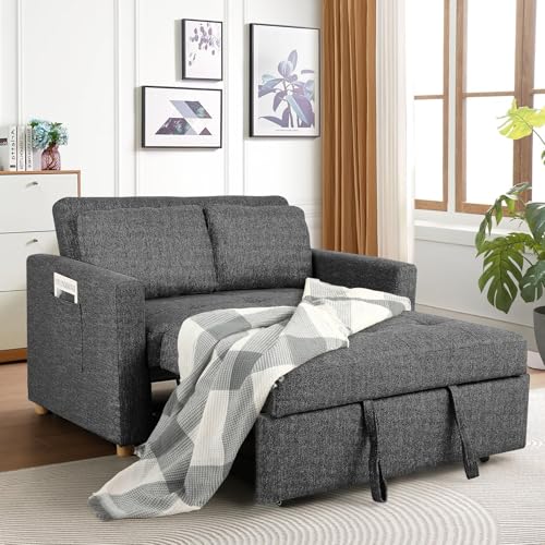 SEJOV 3-in-1 Convertible Sofa Bed, Linen Fabric Sleeper Couch Pull Out Bed, 49" 2-Seater Loveseat Futon Sofa with Spring Support