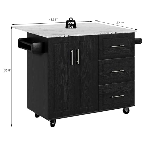 4 EVER WINNER Rolling Island with Storage and Drop Leaf, Marble Tabletop, Kitchen Carts on Wheels with Towel Rack & Spice Rack
