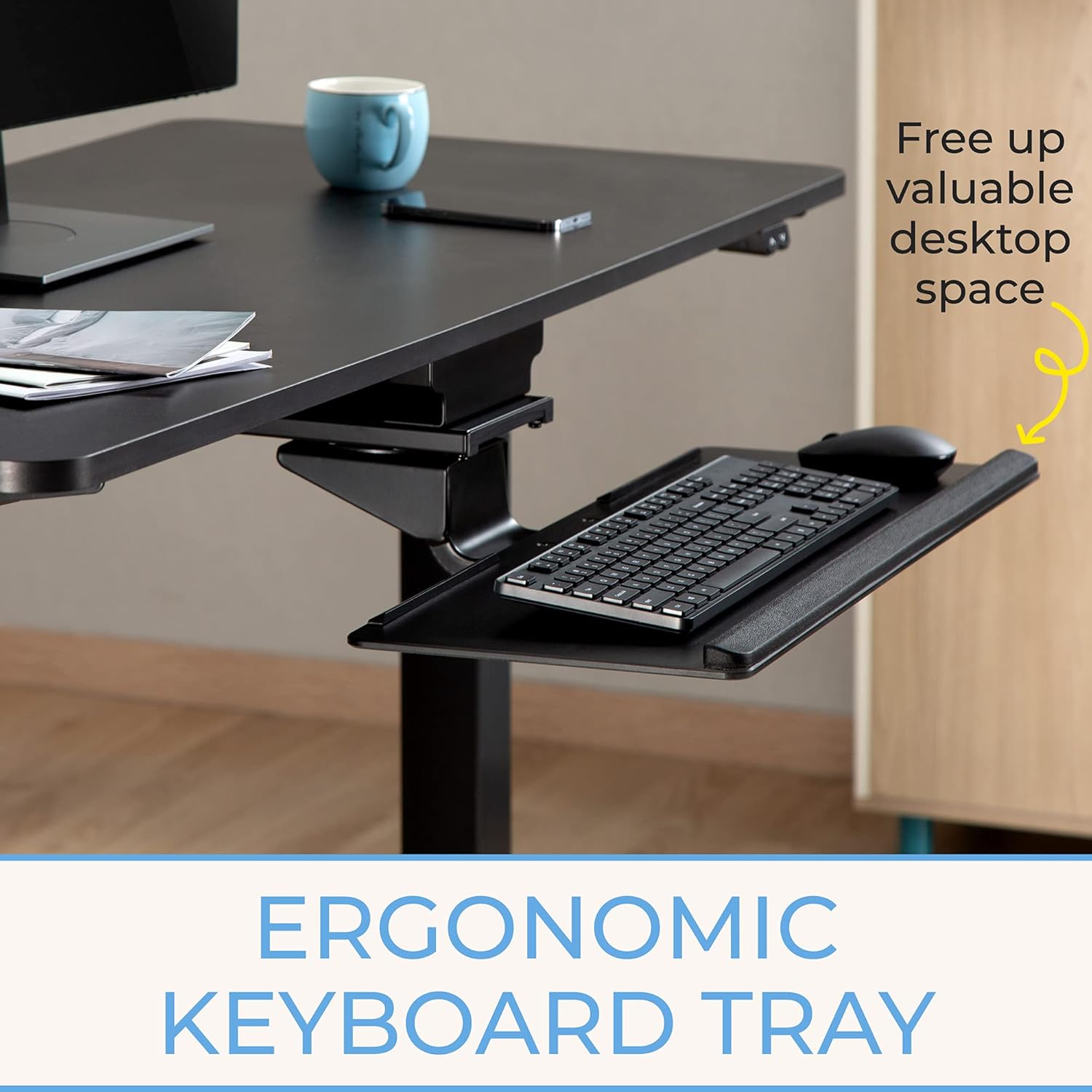 Stand Steady Under Desk Keyboard Tray | Adjustable Tilting Keyboard Shelf for Ergonomic Typing | Screw On Under Desk Storage with Cable Clips (26.5in