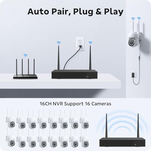 CAMCAMP Wireless Security Camera System, Expandable 16CH 4K NVR, 8PC PTZ WiFi Cameras for Home Security with Auto Human Tracking, 2 Way Audio