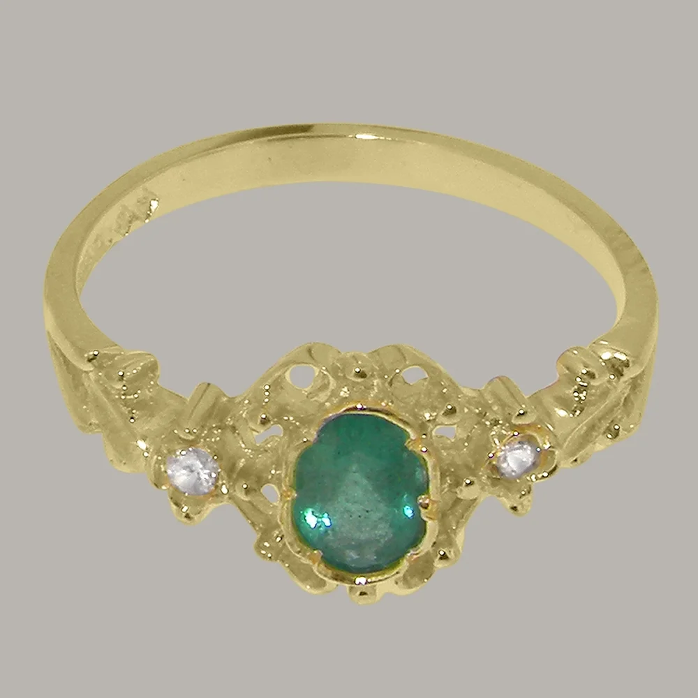 LBG British Made 9k Yellow Gold Natural Emerald & Diamond Womens Engagement Ring - 33 size options - Size 8.5