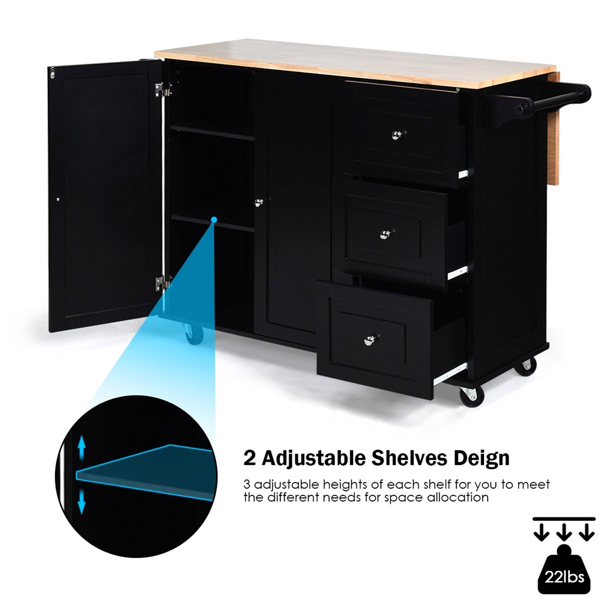 Gymax Drop-Leaf Kitchen Island Trolley Cart Wood Storage Cabinet w/ - See Details - Kitchen Cart - Black
