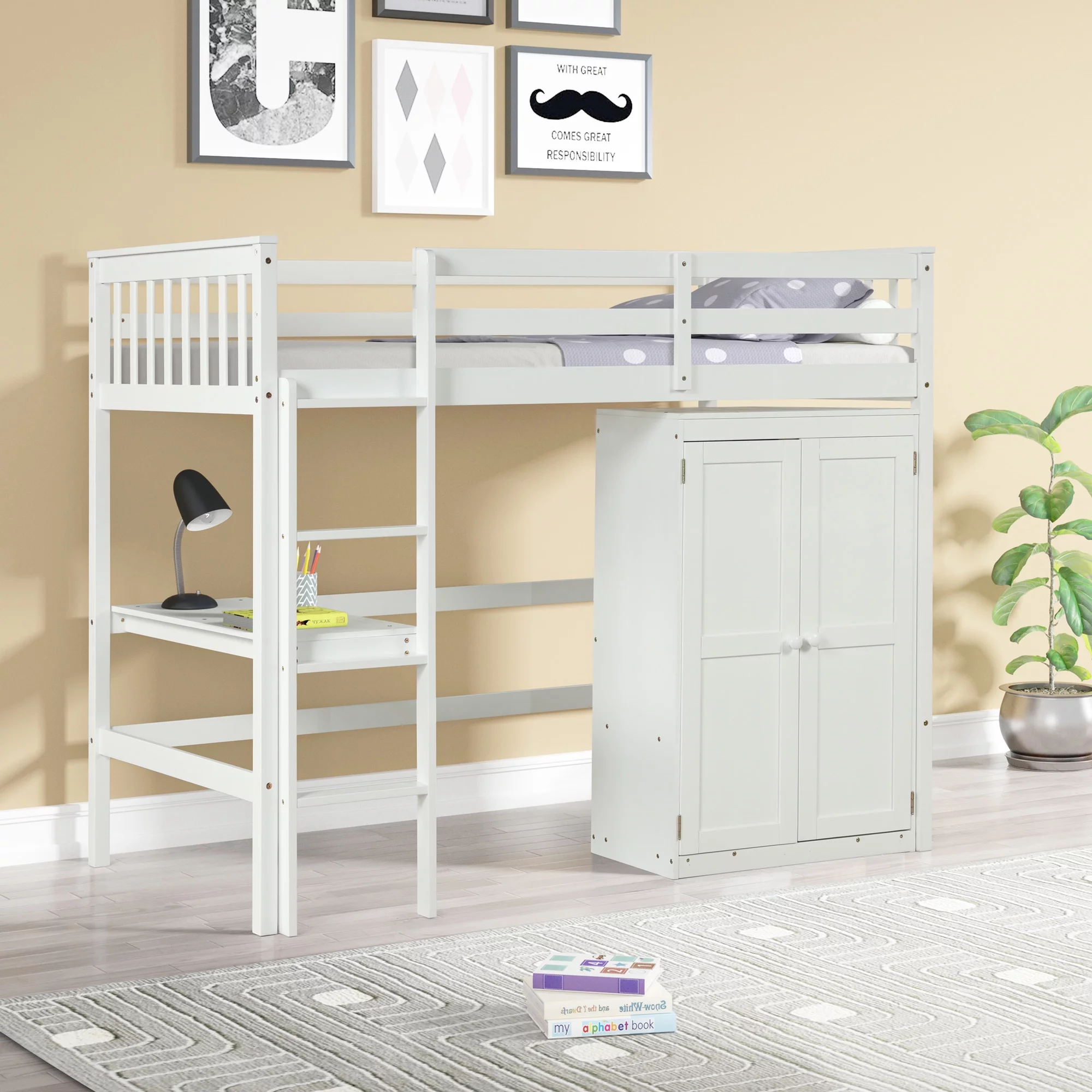 iRerts Loft Bed Frame for Girls Boys, Kids Twin Loft Bed Frame with Desk and Wardrobe, White Space Saving Loft Bed with Full Length Guardrail