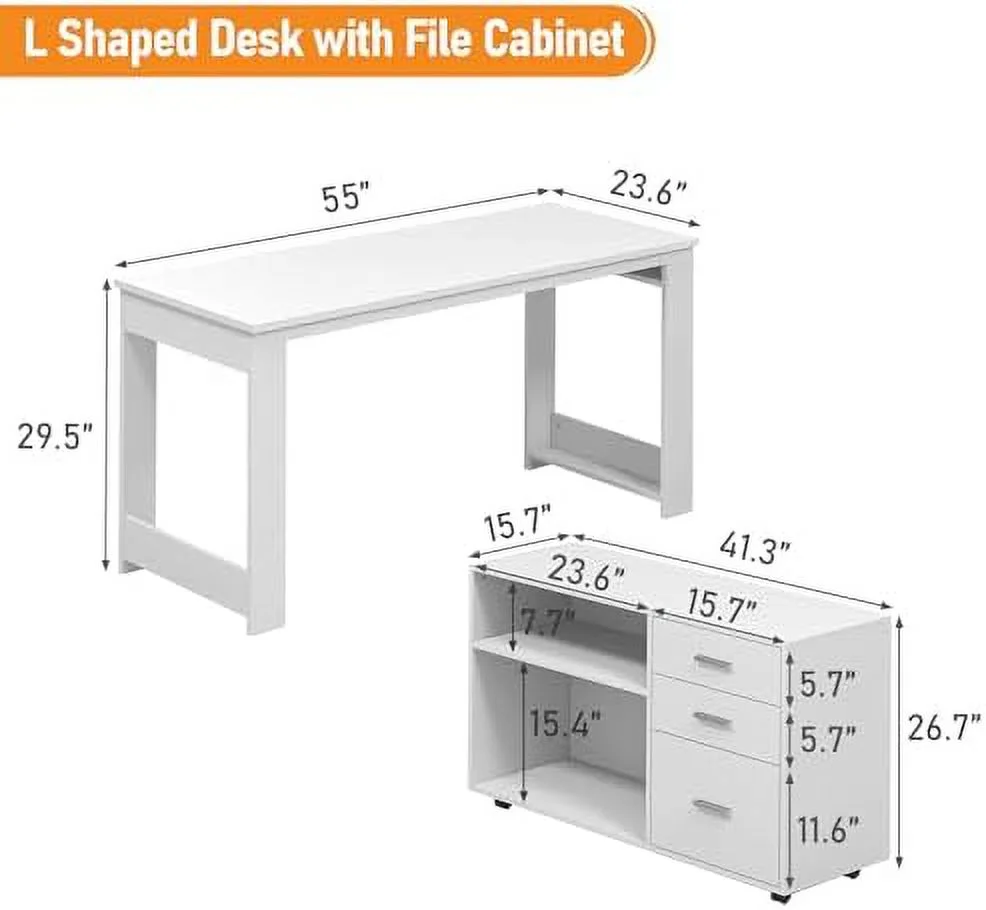 White L Shaped Desk with Drawers  Corner Desk with 3 Drawers and 2 Shelve  Executive Desk with  File Cabinet for  Office Workstation  Bedroom  55 inch