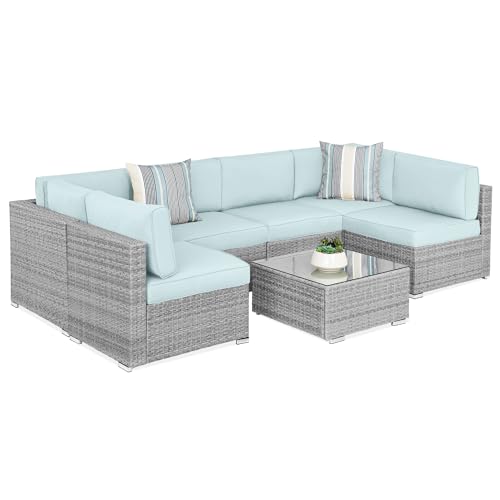Best Choice Products 7-Piece Modular Outdoor Sectional Wicker Patio Conversation Set w/ 2 Pillows, Coffee Table, Cover Included - Gray/Navy