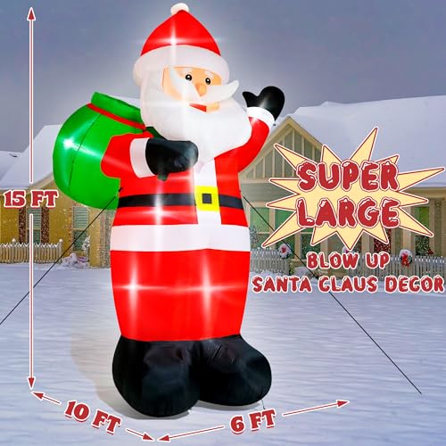 15FT Christmas Inflatables, Giant Inflatable Santa Claus Holding Gift Bags, Blow Up Christmas Santa Claus with 8pcs LED