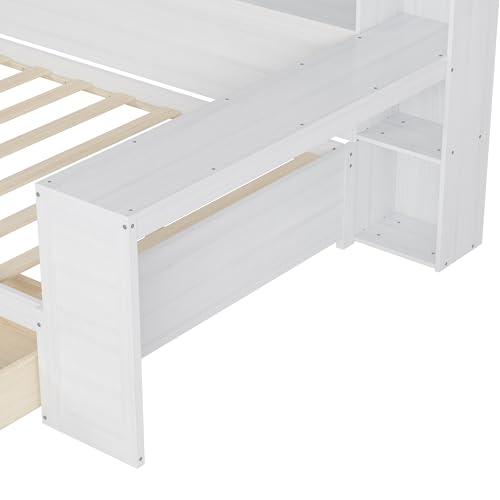 Bellemave Twin Corner Bed Frame with Storage Shelves and Desk, Wood Twin Size Daybed with Bookcase and Drawers and Storage, Gray