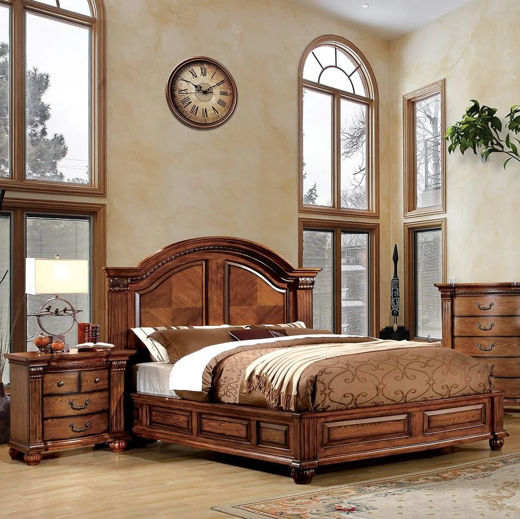 Antique Tobacco Oak Solid Wood King Bedroom Set 3pcs FOA CM7738-EK Bellagrand