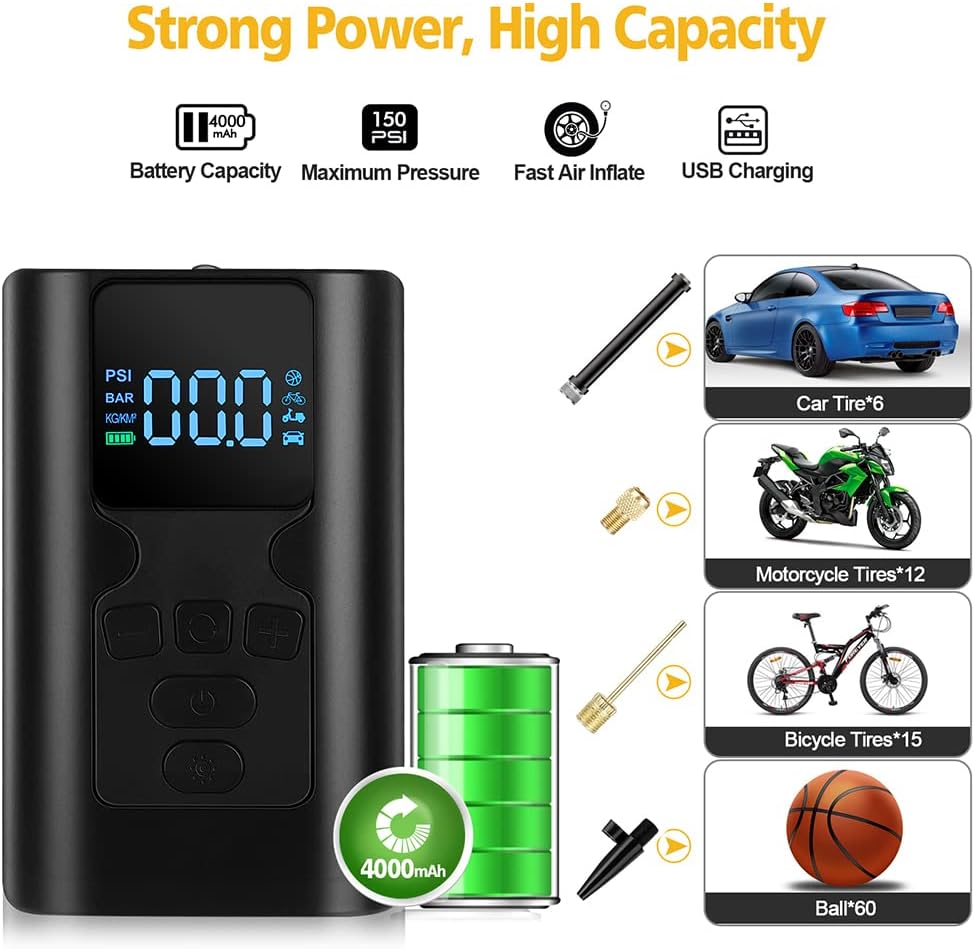 Okubukai Tire Inflator Portable Air Compressor for Car Tire,150PSI Mini Cordless Electric Tire Air Pump with Digital Pressure Gauge LED Light