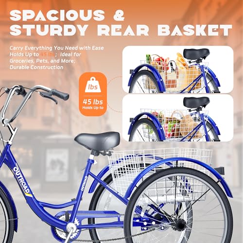 7-Speed Adult Tricycle with Large Basket 24/26 Inch, Stable 3-Wheel Cruise Bicycle for Shopping, Beach and City Trike Perfect for Men, Women