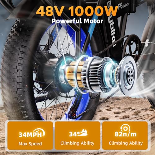 1000W Folding Electric Bike, 48V 20AH Large Removable Battery E Bike, 30+MPH, 80 Miles Max Range, 20" Fat Tire Electric Bike for Adults