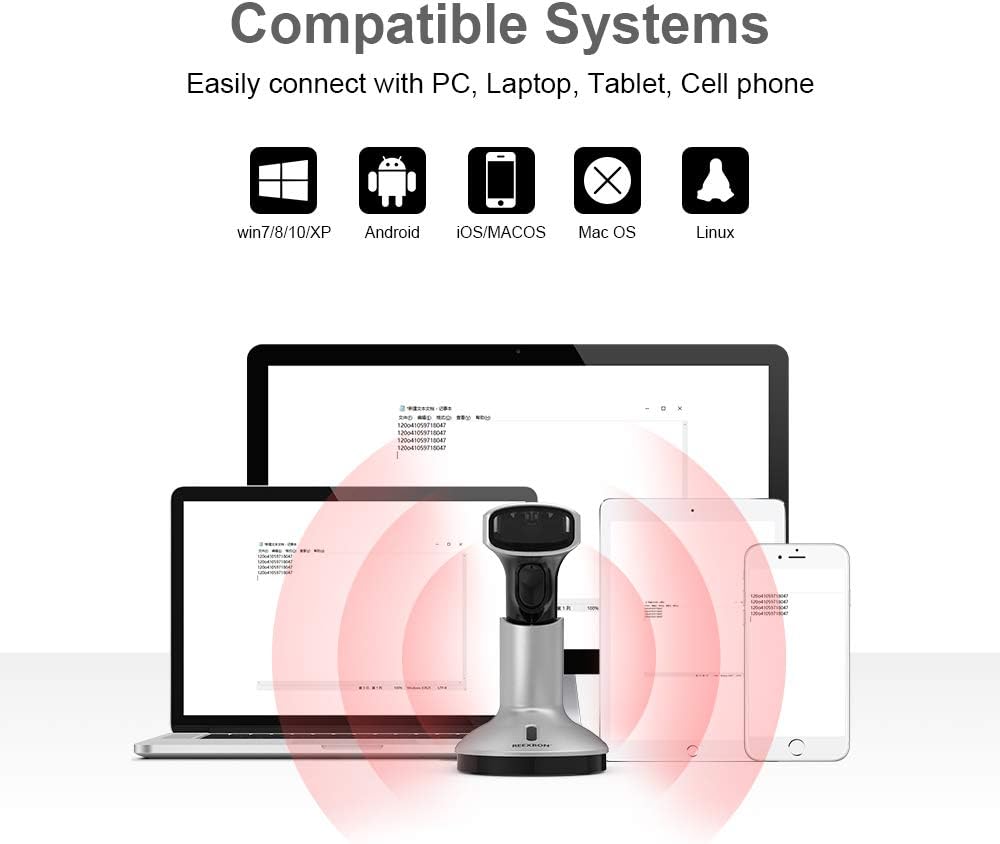 Barcode Scanner with Stand, REEXBON Wireless and Wired Handheld Barcode Reader QR 1D 2D Code Scanner with USB Charging Cable Pack of 2