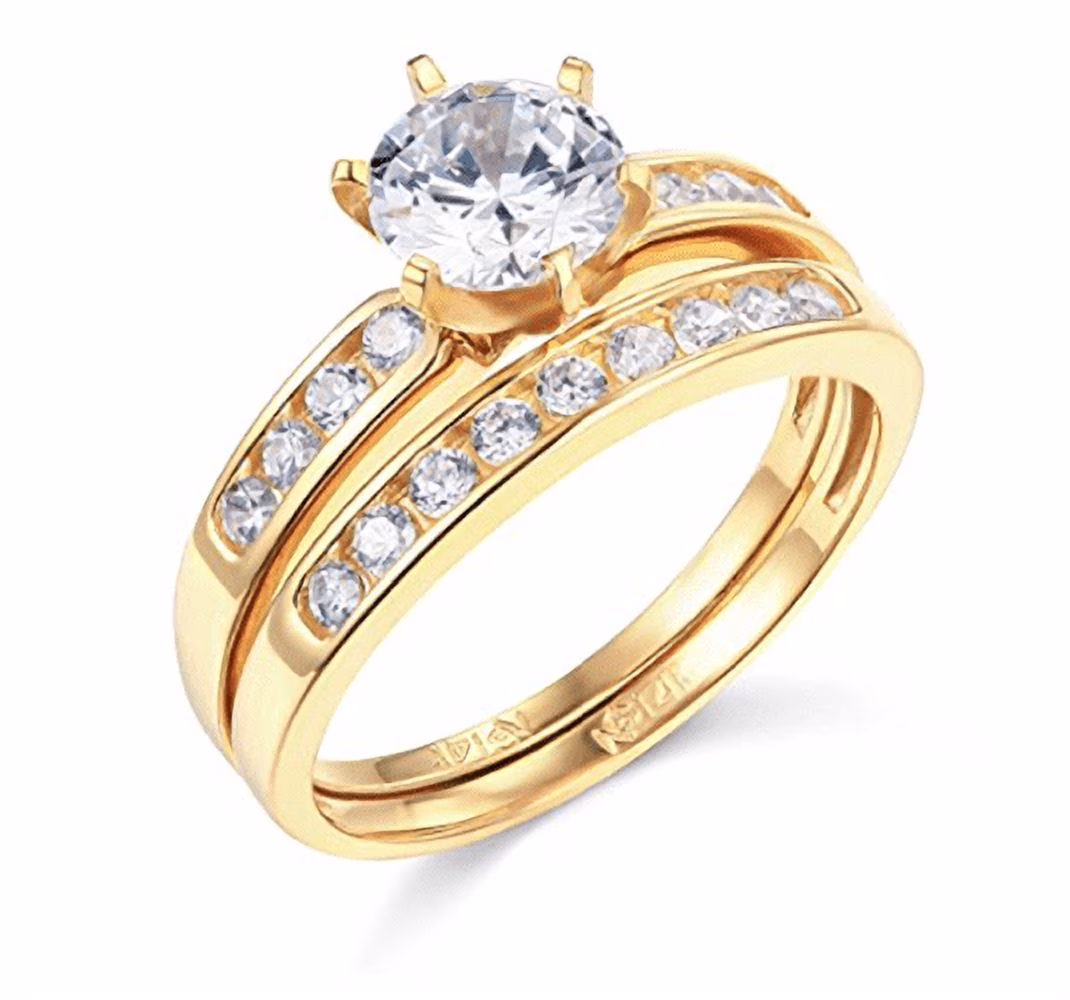 2.10 Ct Round Cut Real 14K Yellow Gold Engagement Wedding Ring Set Matching Band