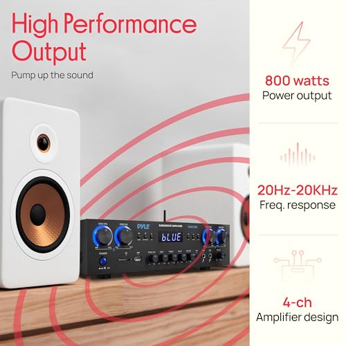 Pyle Bluetooth Home Audio Theater Amplifier Stereo Receiver- 4 Channel, 800 Watt Sound System w/ MP3,USB,SD,AUX,RCA,FM,MIC, Headphone, Reverb Delay